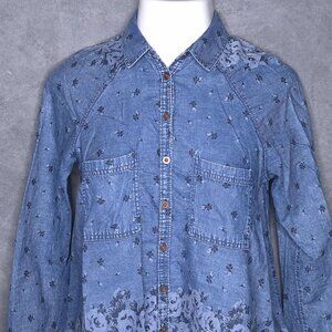 Free People Womens Denim Floral Print Button-Up Shirt S Plaid Accent Long Sleeve